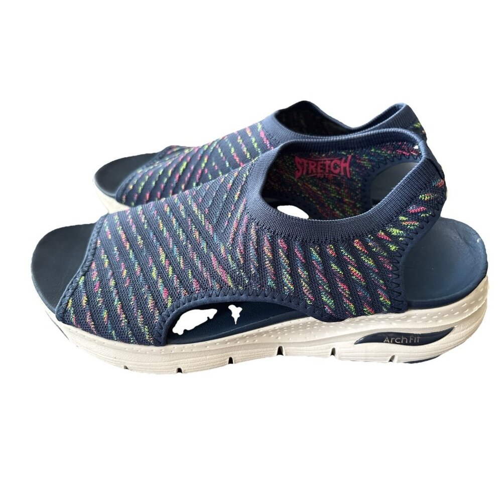 Skechers Womens Size 8 Catchy Wave Arch Fit Navy Blue Rainbow Knit Sandals